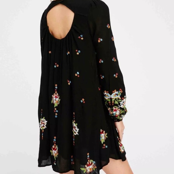 Embroidered Long-Sleeve Mini DRESS Black Blue NEW - Picture 6 of 7